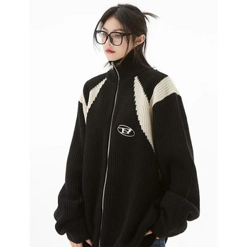 Ζακέτα με διπλό φερμουάρ Ανδρικό πουλόβερ Γυναικείο Ρετρό Χαλαρά Πλεκτά Πλεκτά Φθινοπωρινά Streetwear Harajuku Street Color Block Jacket Νέο