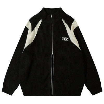 Džemper s dvostrukim patentnim zatvaračem Muški Ženski Retro široki pleteni džemper Jesenska ulična odjeća Harajuku Street Colour Block Jakna Novo