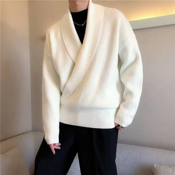 Vintage Wrap V λαιμόκοψη Ανδρικό πουλόβερ Φθινοπωρινό Χειμώνα Ζεστά πλεκτά πουλόβερ για Ανδρικά Casual Loose μασίφ μακρυμάνικα πουλόβερ Streetwear