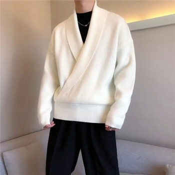 Vintage Wrap V λαιμόκοψη Ανδρικό πουλόβερ Φθινοπωρινό Χειμώνα Ζεστά πλεκτά πουλόβερ για Ανδρικά Casual Loose μασίφ μακρυμάνικα πουλόβερ Streetwear