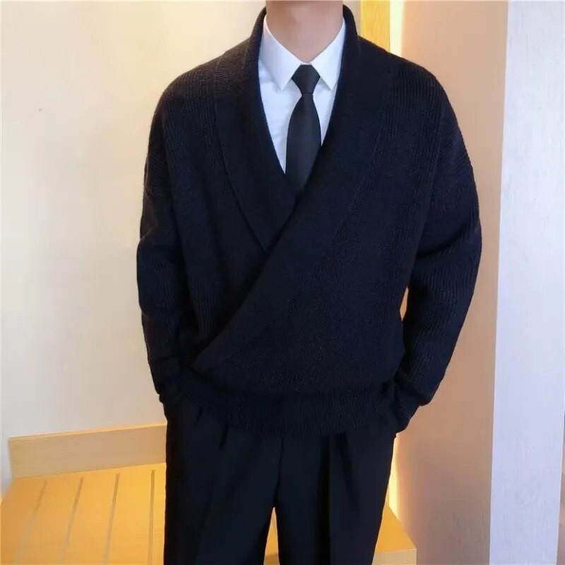 Vintage Wrap V kaklo megztinis vyriškas rudens žiemos šiltas megztinis vyriškas laisvalaikio laisvi solidūs megztiniai ilgomis rankovėmis Gatvės apranga