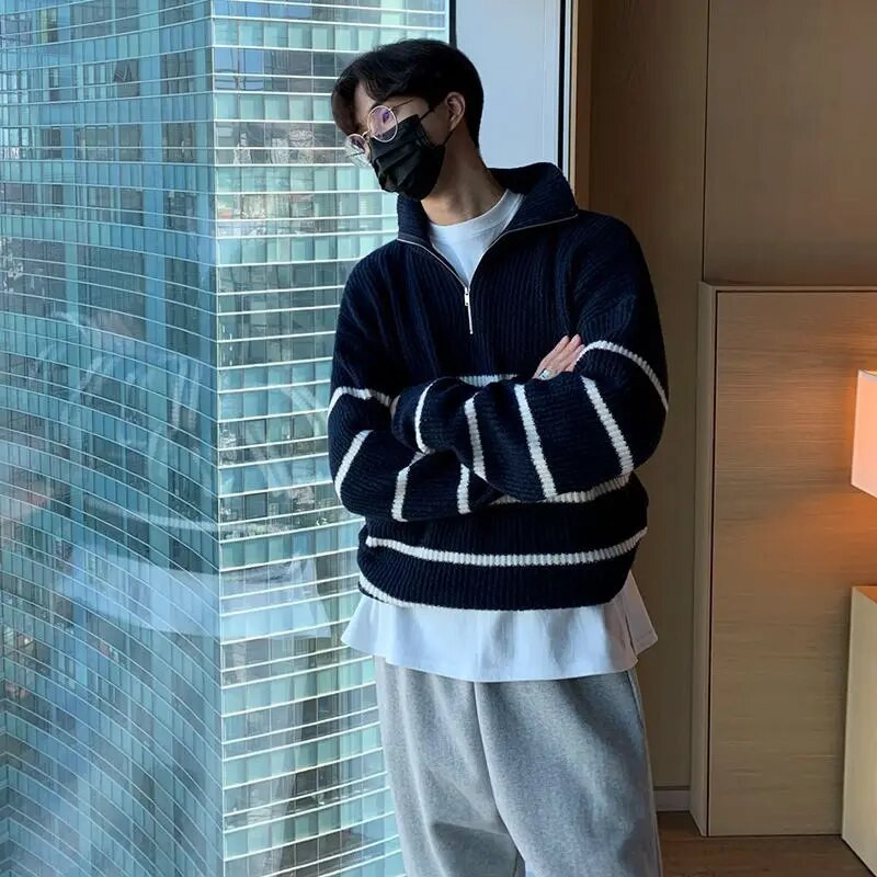 Vīriešu apģērbs Biznesa rāvējslēdzējs Trikotāžas Džemperis Vīriešu Mētelis Rāvējslēdzējs Svītraina Jaka Apkakle Puloveri Lēti T krekls Korejas modes kakla