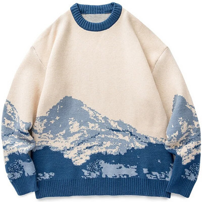 Meeste hip-hop tänavarõivad Harajuku kampsun Vintage Jaapani stiilis Snow Mountain kootud kampsun Talvine vabaaja Pullover kudum