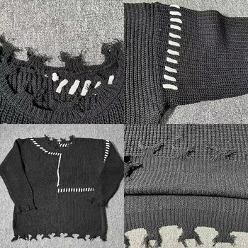 Модни нишови плетени пуловери Есен Зима Скъсано О-образно деколте Causal Свободен плетен пуловер High Street Мъжки пуловери Мъжки дрехи