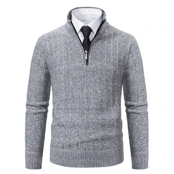 Нов есенно-зимен мъжки пуловер с половин високо деколте, пуловер с цип, плетена риза, тънък, едноцветен топ за мъже