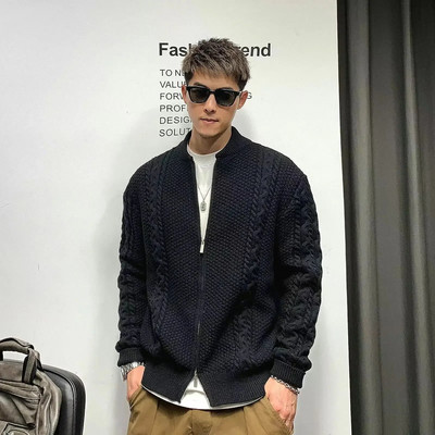 Πλεκτά πουλόβερ για άνδρες Ζακέτα Μοτοσικλέτα Ανδρικά Ρούχα Παλτό Μπουφάν με φερμουάρ Χωρίς κουκούλα Κορεάτικη μόδα 90s Vintage Style S
