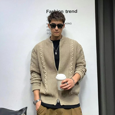 Πλεκτά πουλόβερ για άνδρες Ζακέτα Μοτοσικλέτα Ανδρικά Ρούχα Παλτό Μπουφάν με φερμουάρ Χωρίς κουκούλα Κορεάτικη μόδα 90s Vintage Style S