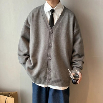 Ново мъжко облекло с v-образно деколте, едноредно мъжко облекло, плетен пуловер, широка едноцветна плетена жилетка, есенно палто