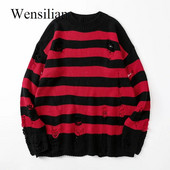 Musta triibuga kampsunid hävitatud lõhki sviiter Naiste pullover Hole kootud džemprid Oversized dressipluus Harajuku pikkade varrukatega topid