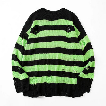 Пуловери с черни райета Унищожен скъсан пуловер Дамски пуловер Плетени джъмпери с дупки Големи суичър Harajuku Горнища с дълъг ръкав