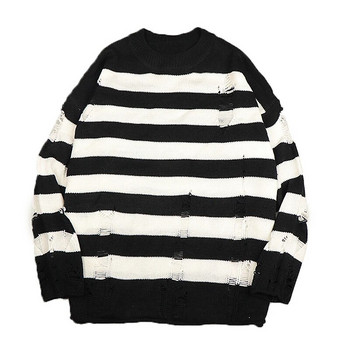 Пуловери с черни райета Унищожен скъсан пуловер Дамски пуловер Плетени джъмпери с дупки Големи суичър Harajuku Горнища с дълъг ръкав