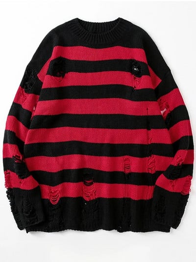 Musta triibuga kampsunid hävitatud lõhki sviiter Naiste pullover Hole kootud džemprid Oversized dressipluus Harajuku pikkade varrukatega topid