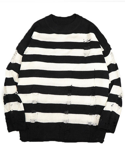 Musta triibuga kampsunid hävitatud lõhki sviiter Naiste pullover Hole kootud džemprid Oversized dressipluus Harajuku pikkade varrukatega topid