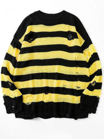 Musta triibuga kampsunid hävitatud lõhki sviiter Naiste pullover Hole kootud džemprid Oversized dressipluus Harajuku pikkade varrukatega topid