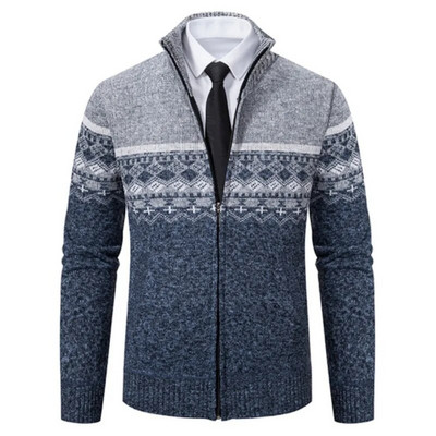 Pánsky sveter s dlhým rukávom a stojatým golierom, zipsový kabát, módny kardigan, voľná vlnená pletená bunda