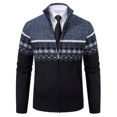 Pánsky sveter s dlhým rukávom a stojatým golierom, zipsový kabát, módny kardigan, voľná vlnená pletená bunda
