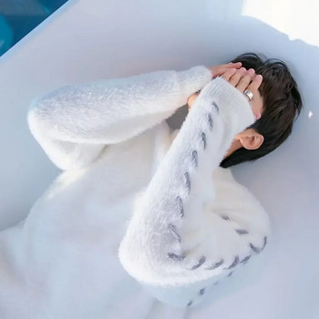 HOUZHOU Fleece Πουλόβερ Ανδρικά Κορεάτικα Παχύ Ζεστό Πλέξιμο Φθινόπωρο Χειμώνας Χαλαρά Casual Μοχέρ μακρυμάνικο πουλόβερ Streetwear