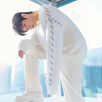 HOUZHOU Fleece Πουλόβερ Ανδρικά Κορεάτικα Παχύ Ζεστό Πλέξιμο Φθινόπωρο Χειμώνας Χαλαρά Casual Μοχέρ μακρυμάνικο πουλόβερ Streetwear