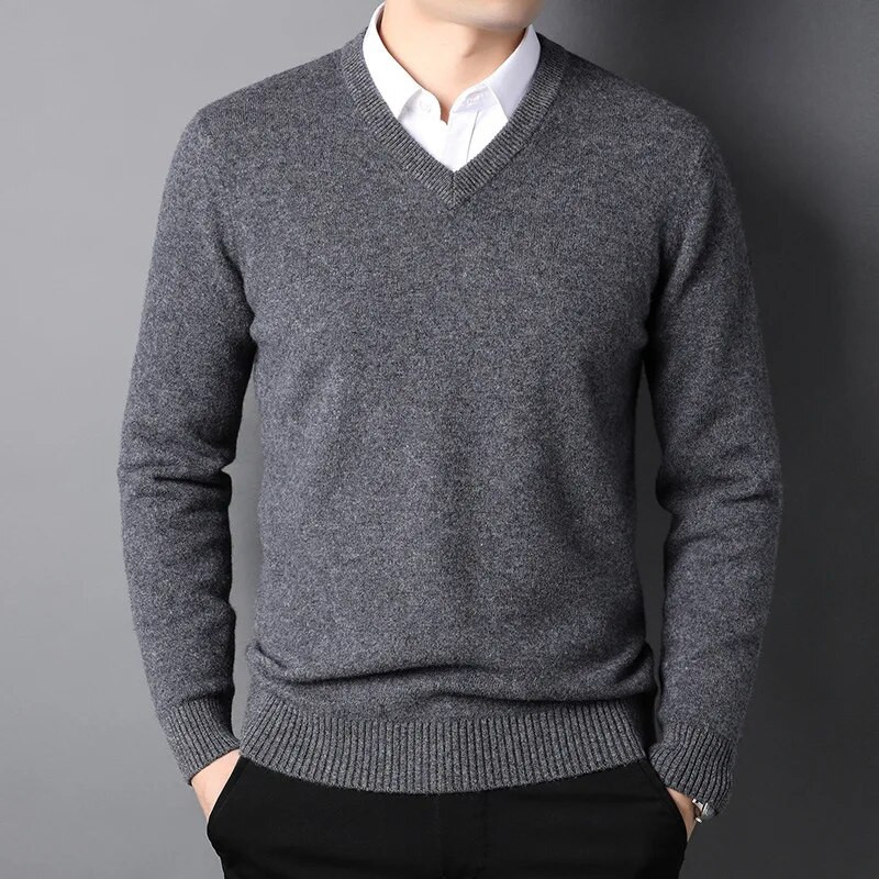 2022 m. medvilnės mišinio klasikinis megztinis su V formos iškirpte, vyriškas megztinis 2022 m. rudens žiemos darbas laisvalaikis, universalus megztas džemperis.