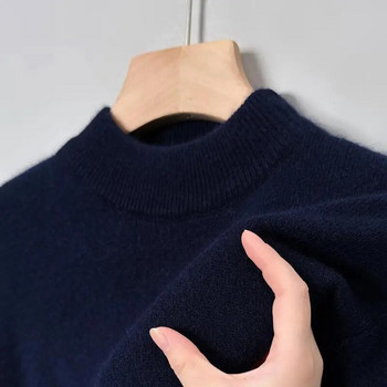 Едноцветен пуловер с имитация на кашмир за мъжки зимен свободен пуловер с полувисоко деколте, удебелен топъл моден мъжки трикотаж