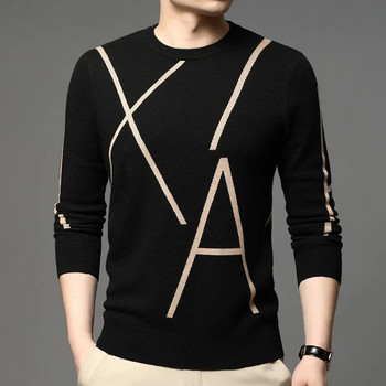 Мъжки памучен плетен пуловер Долна риза 2023 Нов мъжки раиран марков моден ежедневен пуловер с обло деколте Vintage Flame Sweater