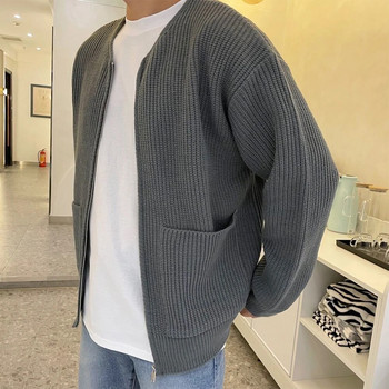 Мъжка плетена жилетка с цип и дълги ръкави, подплатена с фуния, пуловер с джобове и джобове, палто, свободен мъжки пуловер, жилетка
