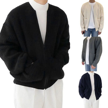 Мъжка плетена жилетка с цип и дълги ръкави, подплатена с фуния, пуловер с джобове и джобове, палто, свободен мъжки пуловер, жилетка