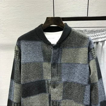 Ανδρικά ρούχα με γιακά καρό παλτό πλεκτά πουλόβερ για άντρες Ζακέτα χοντρή χειμωνιάτικη S Ιαπωνική μόδα Harajuku Over Fit Knit
