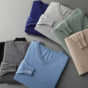 Мъжки кашмирени топли пуловери, пуловер с V-образно деколте, плетени, есенно-зимни кройки горнища, мъжки вълнен трикотаж, джъмпери, долна риза, голям размер