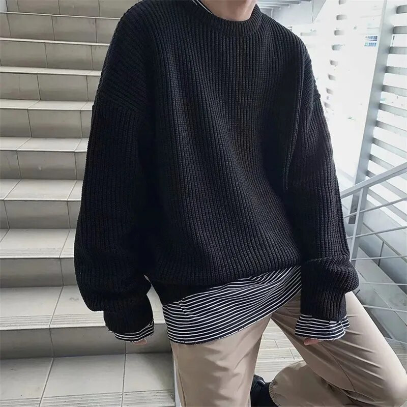 Korėjos madingi megztiniai Vyrai Rudens Nauji Solid O Neck Trikotažas Gatvės drabužiai Vyriški drabužiai Harajuku Laisvi megzti megztiniai Pull Homme