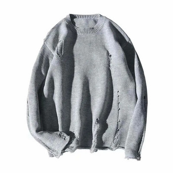 American Lazy Streetwear Men Wind O-deck Knitted Ripped Sweater Ретро Двойка Свободни пуловери Мъжки трикотаж Пуловери с дупки E91