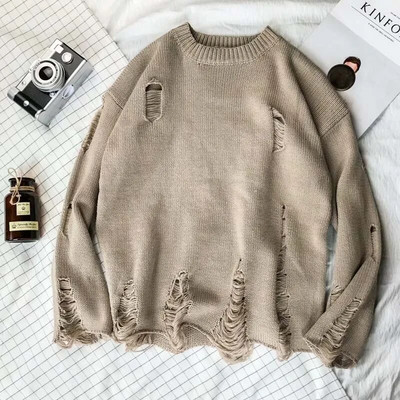 American Lazy Streetwear Men Wind O-deck Knitted Ripped Sweater Ретро Двойка Свободни пуловери Мъжки трикотаж Пуловери с дупки E91