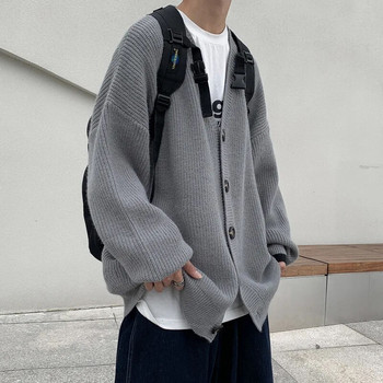 Мъжка едноцветна плетена жилетка Корейски стил Свободно пуловерно яке с V-образно деколте Есен Зима Студентски тийнейджъри Универсална ежедневна жилетка