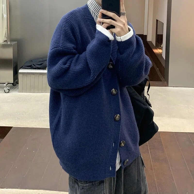 Vīriešu vienkrāsains trikotāžas jaciņš korejiešu stilam, brīvs V kakla izgriezuma džemperis, rudens ziemas studentu jaka tīņi.