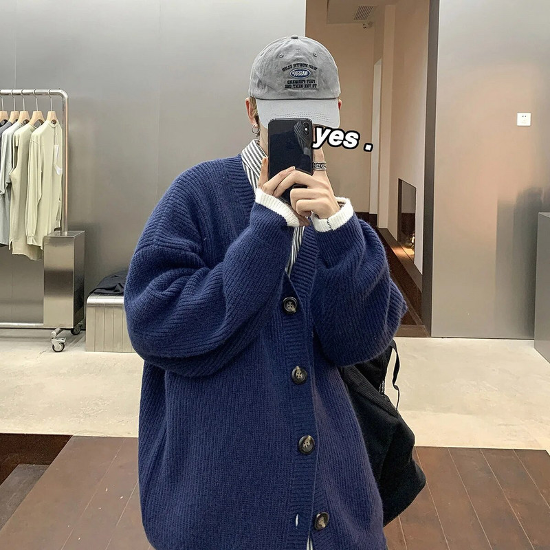 Vīriešu vienkrāsains trikotāžas jaciņš korejiešu stilam, brīvs V kakla izgriezuma džemperis, rudens ziemas studentu jaka tīņi.