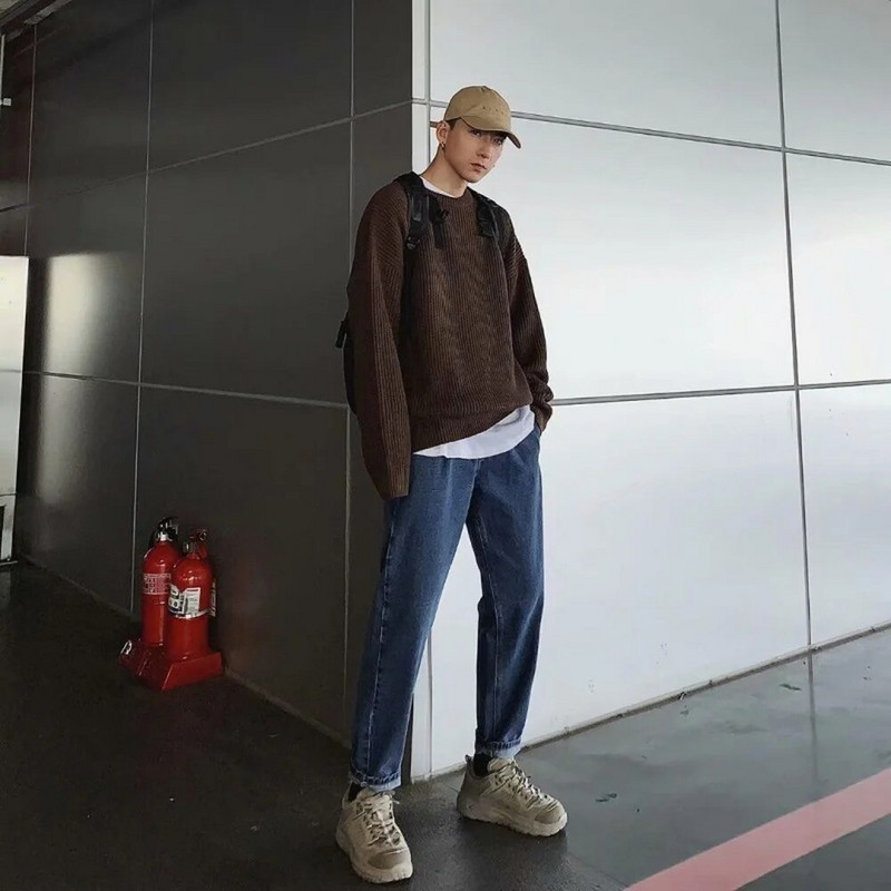 Ανδρικά φθινοπωρινά μονόχρωμα μάλλινα πουλόβερ Λεπτή εφαρμογή Streetwear Ανδρικά ρούχα Casual πλεκτά πουλόβερ Ανδρικά πουλόβερ κορεατικής μόδας