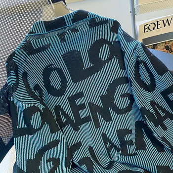 Gmiixder Винтидж хип-хоп пуловер яке Контрастно плетена жилетка с дълъг ръкав Мъже Жени Палто с копчета с ревери с дълги ръкави