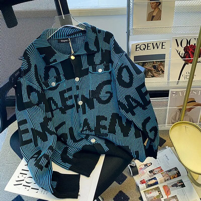 Gmiixder Vintage hip hop džemper jakna kontrastni pleteni kardigan dugih rukava muškarci žene kaput dugih rukava s reverom na slovo