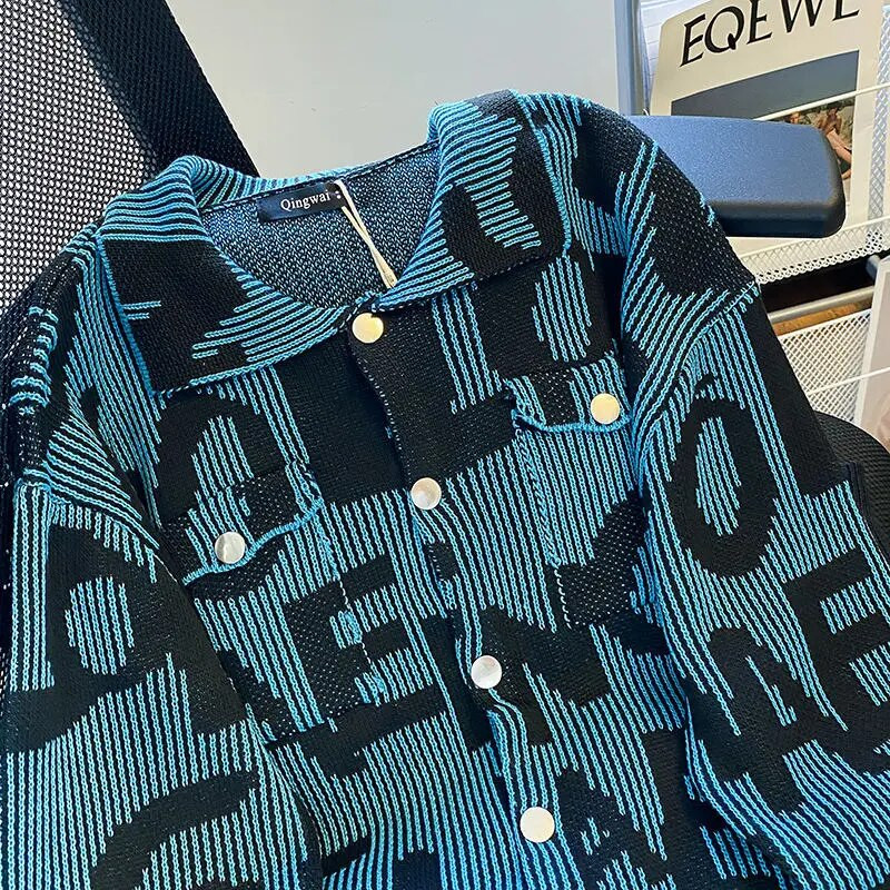 Gmiixder Vintage hip hop džemper jakna kontrastni pleteni kardigan dugih rukava muškarci žene kaput dugih rukava s reverom na slovo