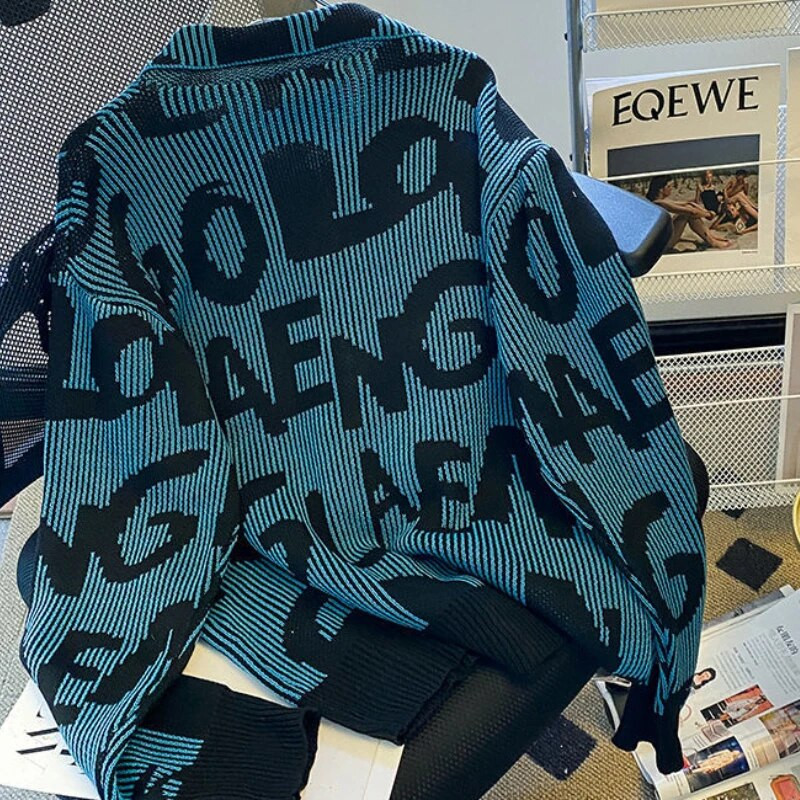 Gmiixder Vintage hip hop džemper jakna kontrastni pleteni kardigan dugih rukava muškarci žene kaput dugih rukava s reverom na slovo