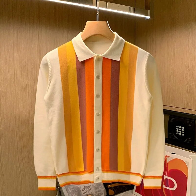 Britu stila vīriešu trikotāžas jaka, vertikāla svītra ar garām piedurknēm, vīriešu topi pavasara rudens zīmols plāns atloks plāns džemperis