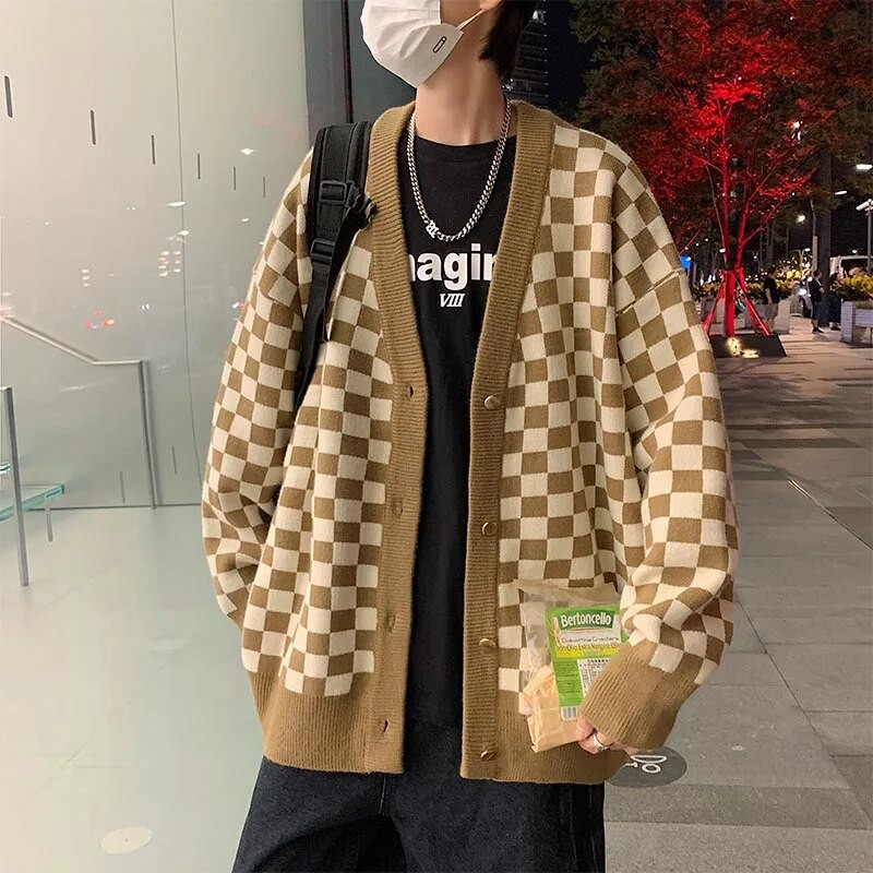 Megztiniai su šachmatais languotas megztinis Vyriški sportiniai laisvalaikio palaidi megztiniai rudeniniai žieminiai vienaeiliai ilgomis rankovėmis striukės viršūnės