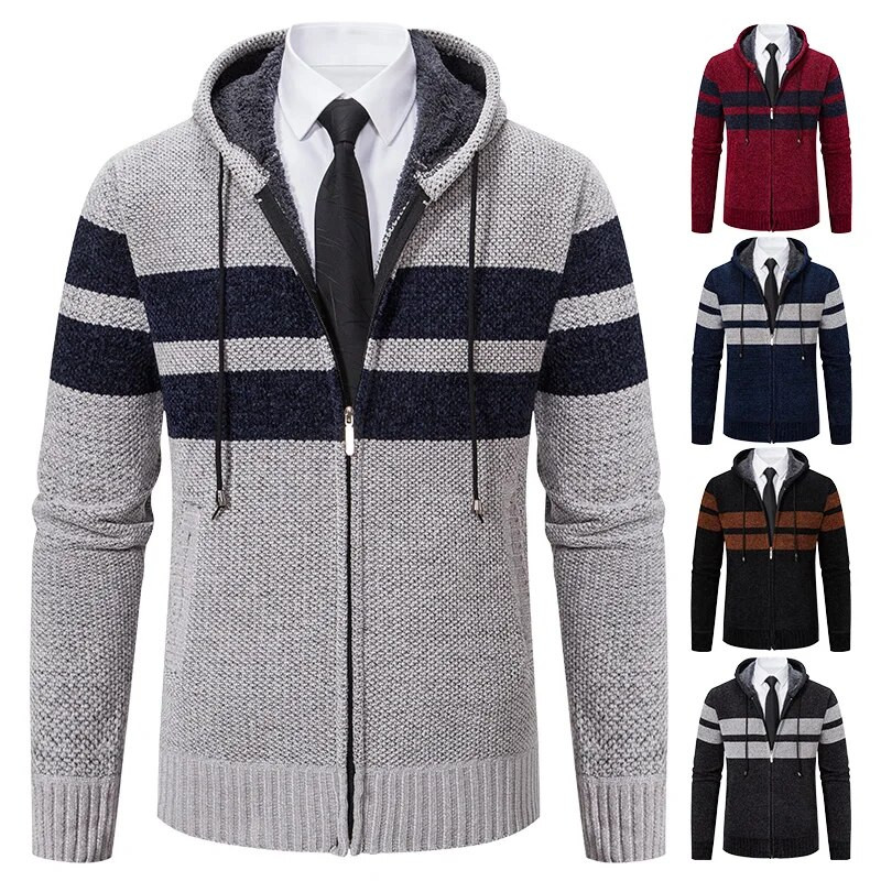 Rudens žiema, 2023 m. Naujas kašmyro megztinis Vyriškas megztinis megztas vilnonis švarkas Trend Casual Y2K dryžuotas gobtuvas Megztinis su užtrauktuku