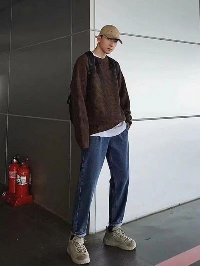 2023. aasta sügisene kaelusega ühevärvilised pullover-kampsunid meestele vabaaja Y2K kootud kampsun High Street Fashion džemprid Hombre