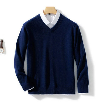 Вълнен кашмирен пуловер Мъжки плетен пуловер с V-образно деколте Есенен пуловер Бизнес Ежедневна класическа свободна риза с високо качество