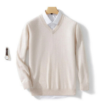 Вълнен кашмирен пуловер Мъжки плетен пуловер с V-образно деколте Есенен пуловер Бизнес Ежедневна класическа свободна риза с високо качество