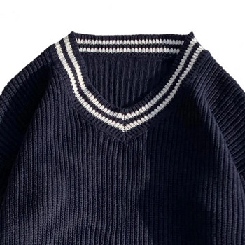 Ανδρικά πουλόβερ με ριγέ V λαιμόκοψη πλεκτό φθινόπωρο απλό κορεάτικο στυλ Harajuku μόδα Casual All-Match Ζευγάρια Chic Loose New