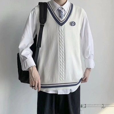 Megztiniai Vyriški dryžuotas V kaklo megztas rudeninis paprastas korėjietiškas stilius Harajuku mada, laisvalaikio poros Prašmatni, laisva Nauja