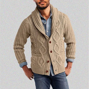 2023 Мъжка жилетка с пуловер Есенно-зимна мода Едноцветни шал яка Жилетки с копчета Въжена плетена пуловер Ежедневно палто