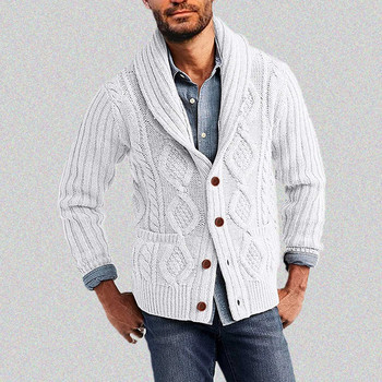 2023 Мъжка жилетка с пуловер Есенно-зимна мода Едноцветни шал яка Жилетки с копчета Въжена плетена пуловер Ежедневно палто